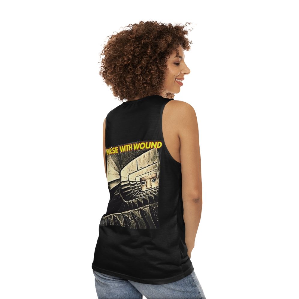 Unisex tank top featuring industrial and experimental music artwork - women back