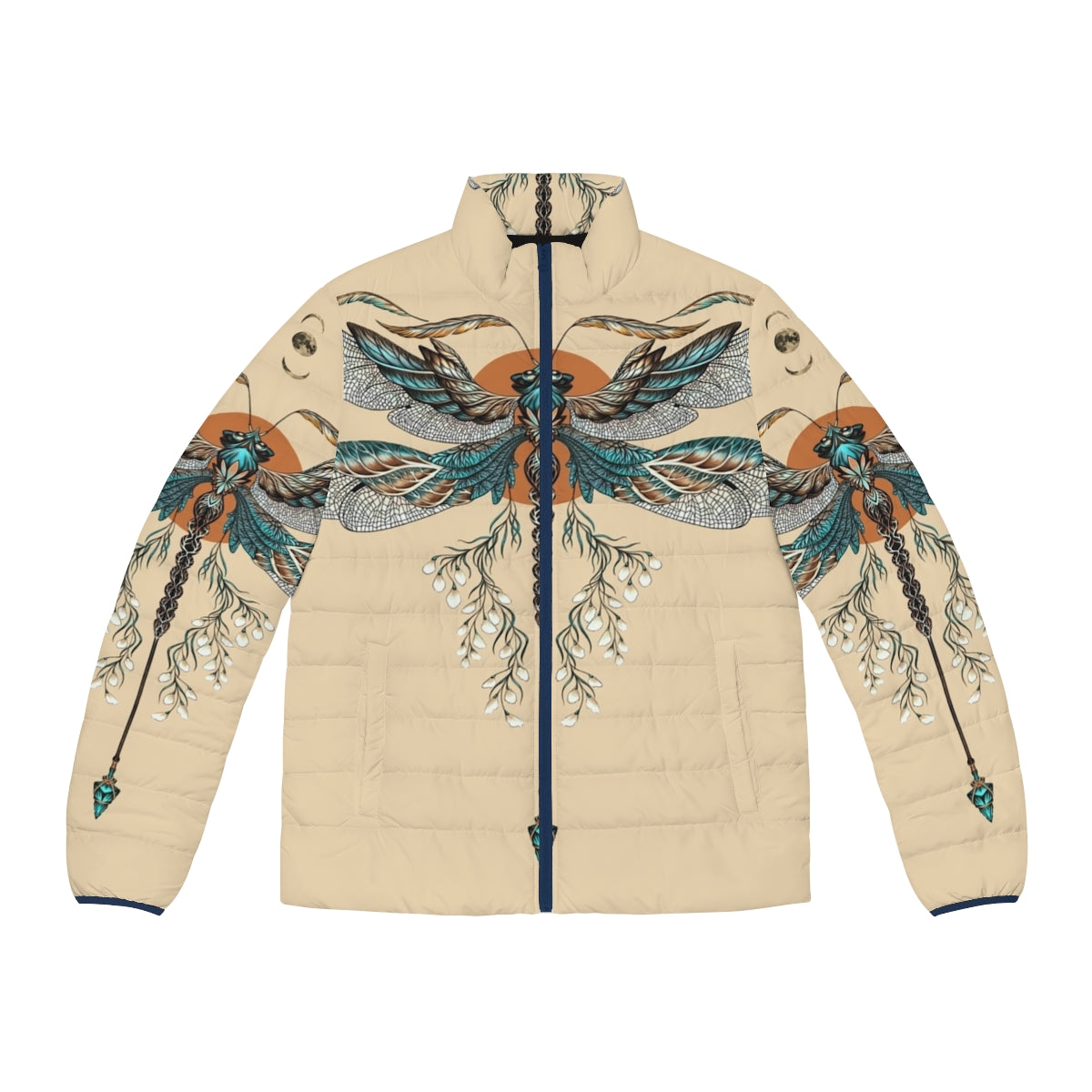 Dragonfly tattoo puffer jacket for men, featuring a mythical dragon design