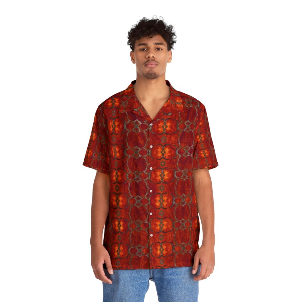 Bold African-inspired Hawaiian shirt with stripe and circle patterns - Lifestyle