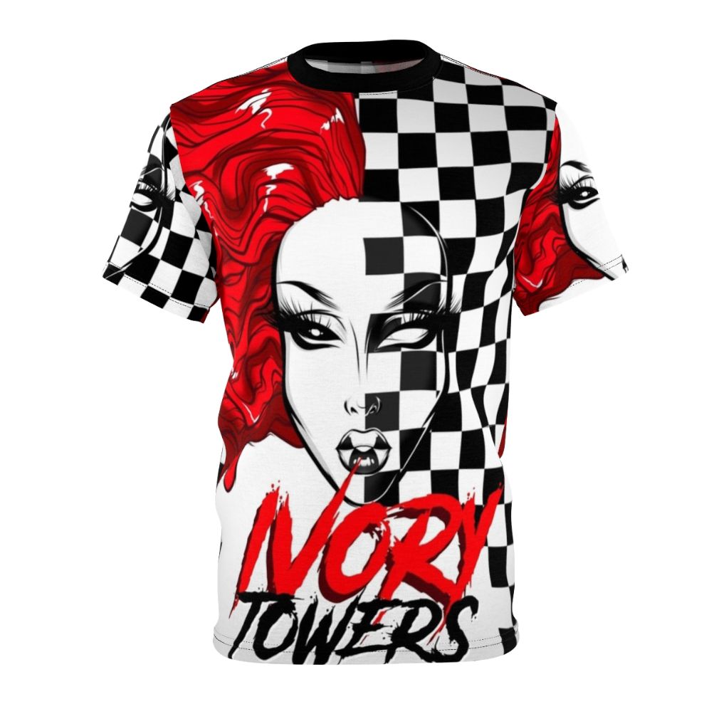 A person wearing a t-shirt with a vibrant checkerboard design and a drag queen graphic.