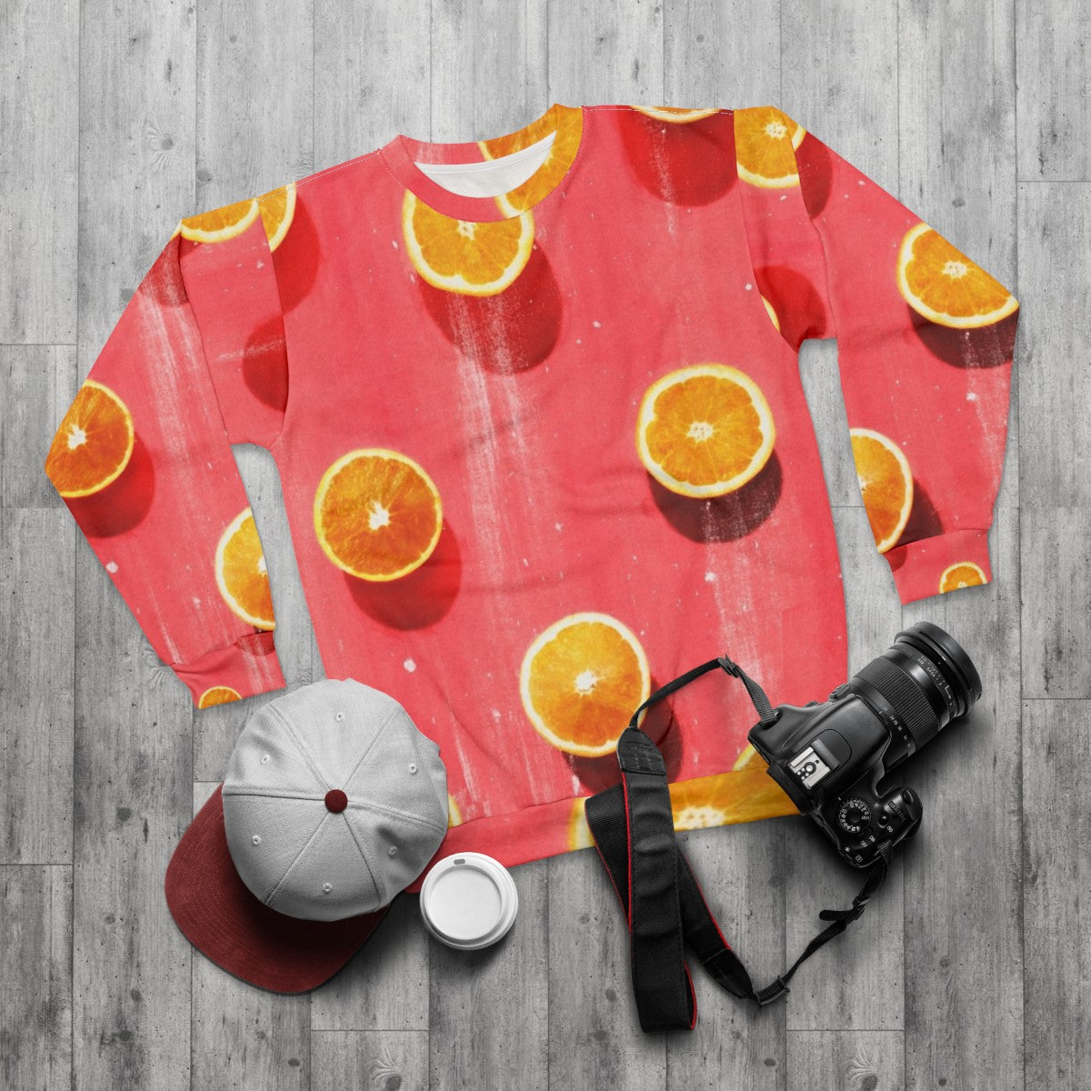 Fruit print sweatshirt, colorful graphic pullover - flat lay