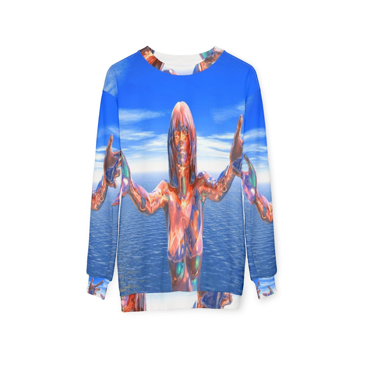 Zombie-themed sweatshirt with abstract, colorful design - hanging