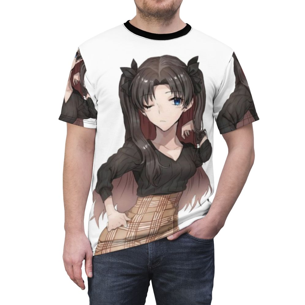 Rin Tohsaka inspired anime t-shirt with Fate Stay Night fan art design - men front