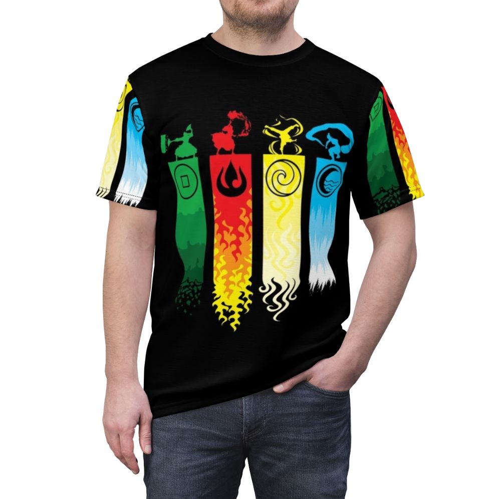 Graphic t-shirt design featuring Aang, the Avatar, and the four elements of water, fire, air, and earth. - men front