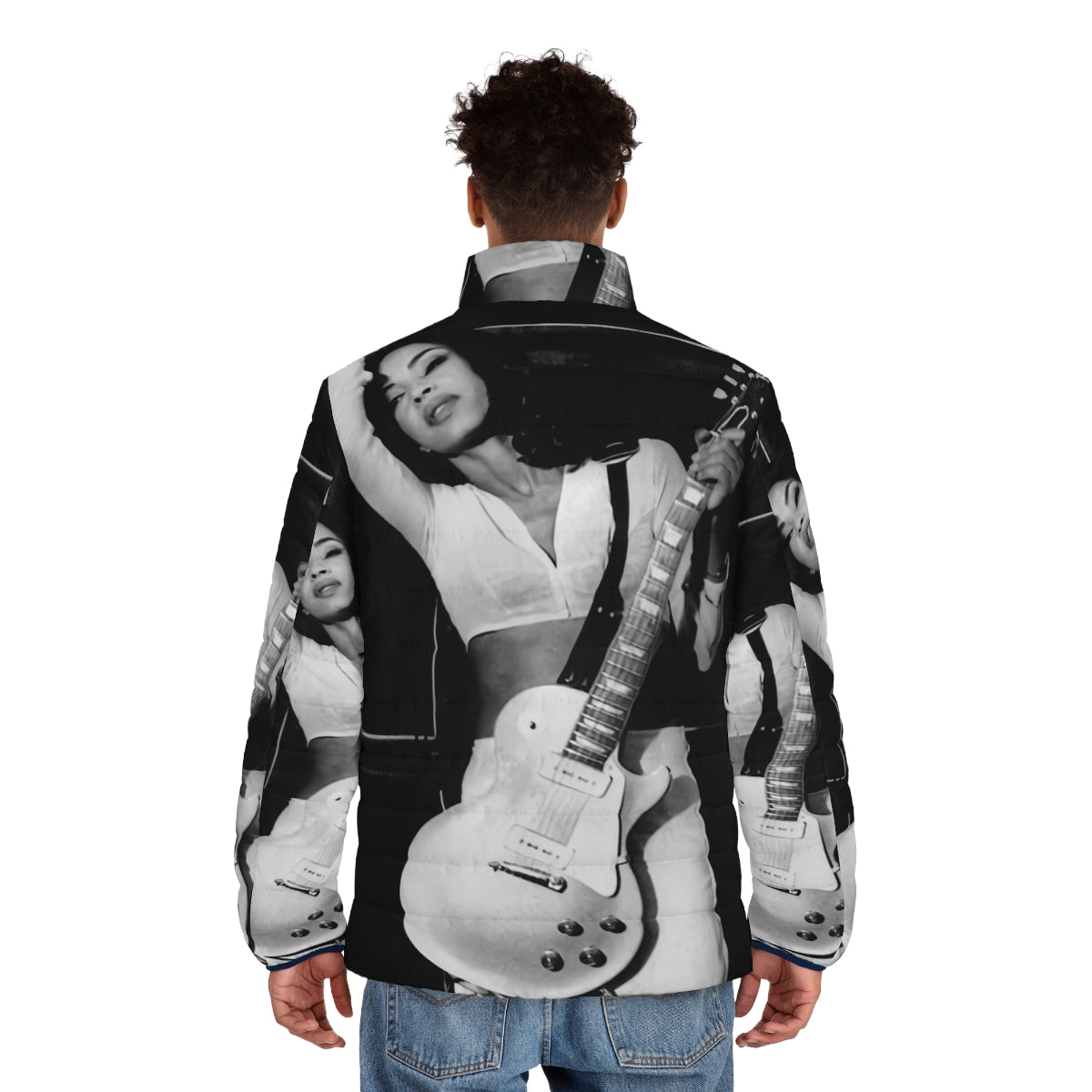 A puffer jacket featuring a photo of the iconic musician Sade, with a guitar and retro-inspired design. - men back