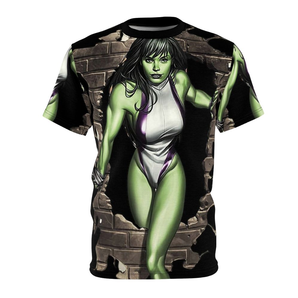 Vibrant green girl AOP t-shirt with fantasy film and action movie-inspired design