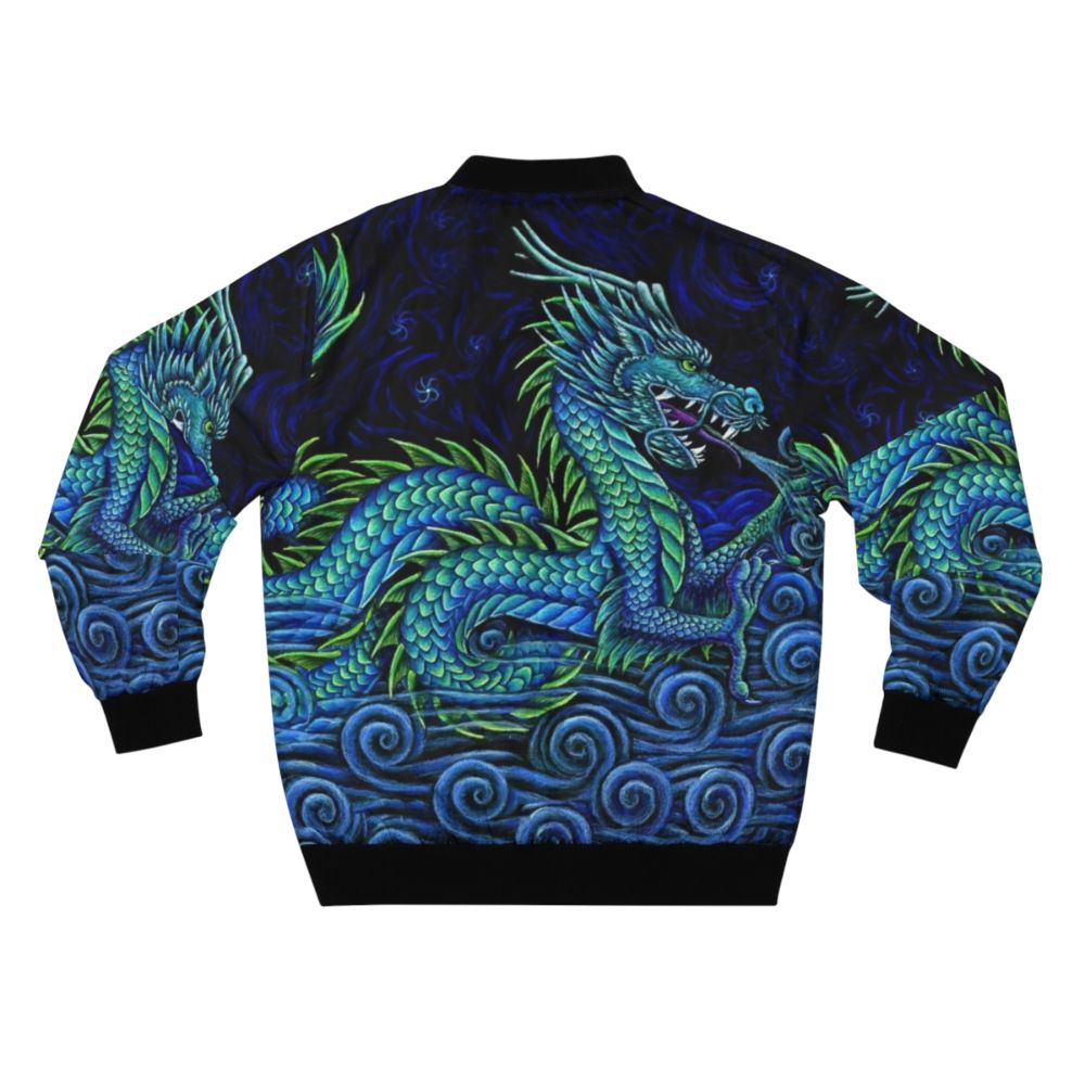 An image of a colorful bomber jacket featuring a vibrant, mythical azure dragon design. - Back