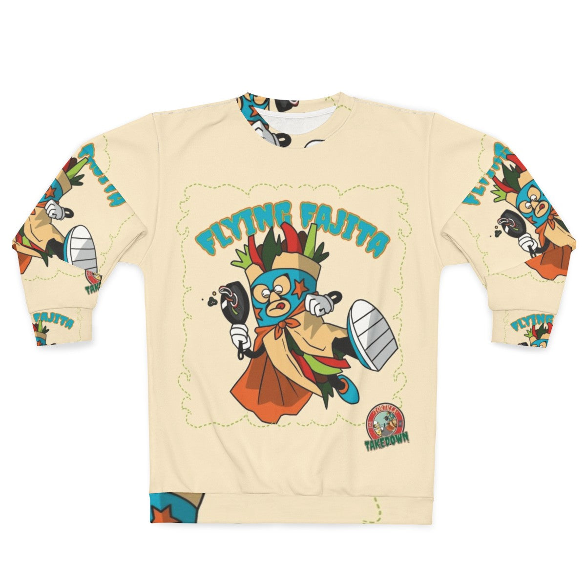 Mexican wrestling sweatshirt with tortilla takedown design