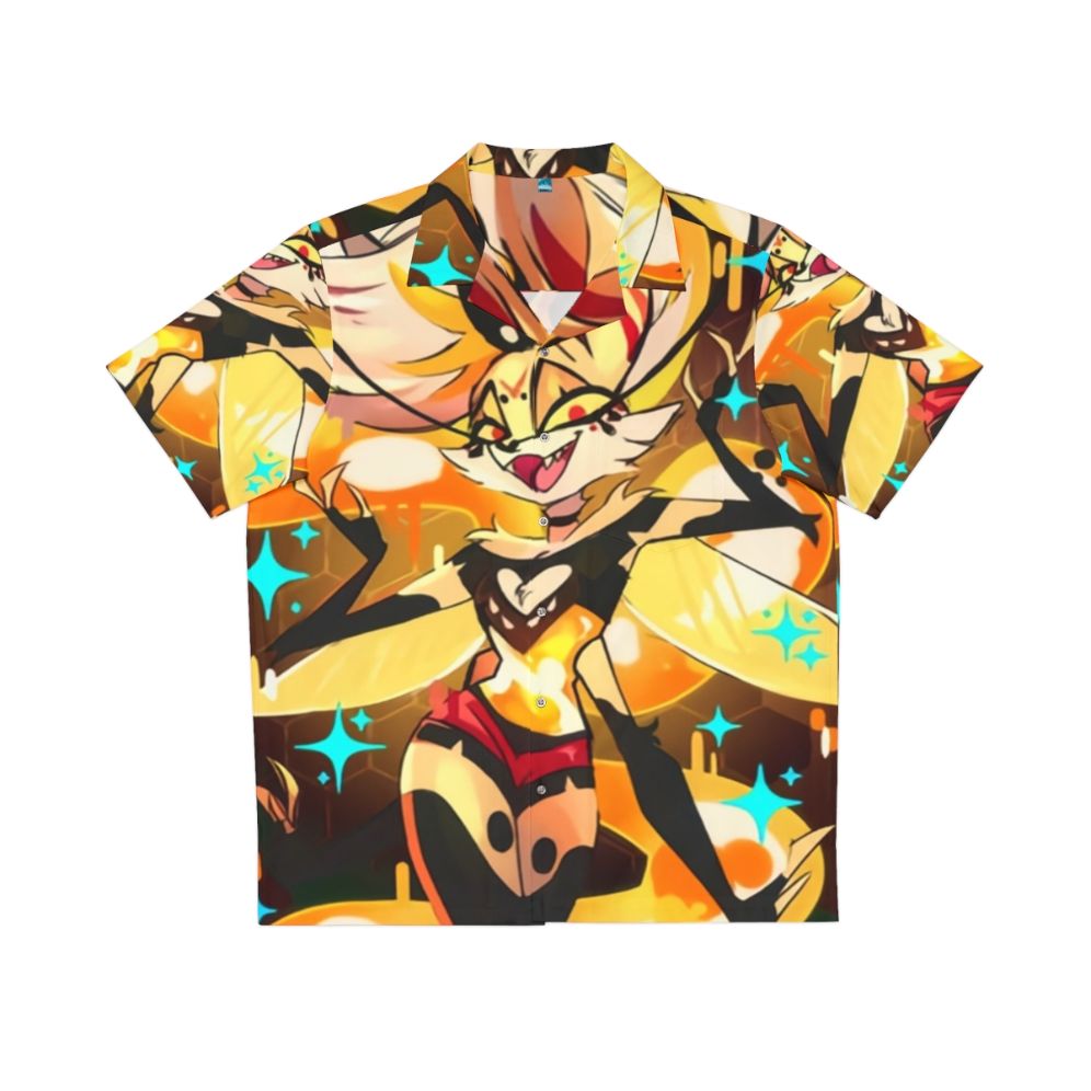 Badass Beelzebub Helluva Boss Hawaiian Shirt featuring a vibrant tropical design with bees, demons, and fiery elements