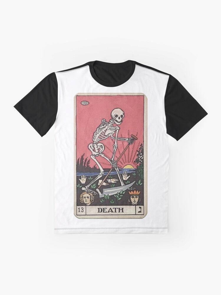 Vintage death tarot graphic t-shirt featuring a spooky skeleton and occult symbols. - Flat lay