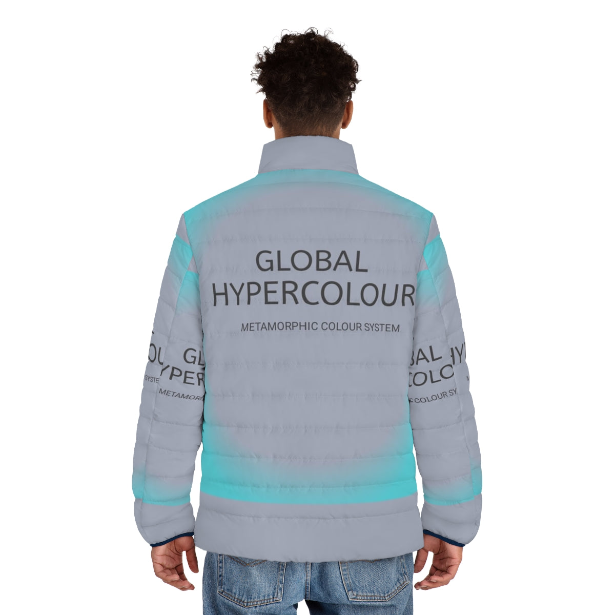 Colorful hypercolor puffer jacket with global design - men back