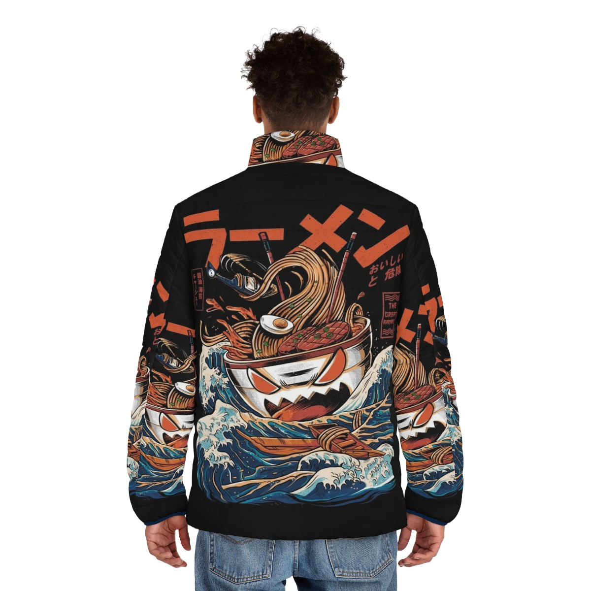 A stylish puffer jacket featuring a retro anime-inspired ramen design - men back