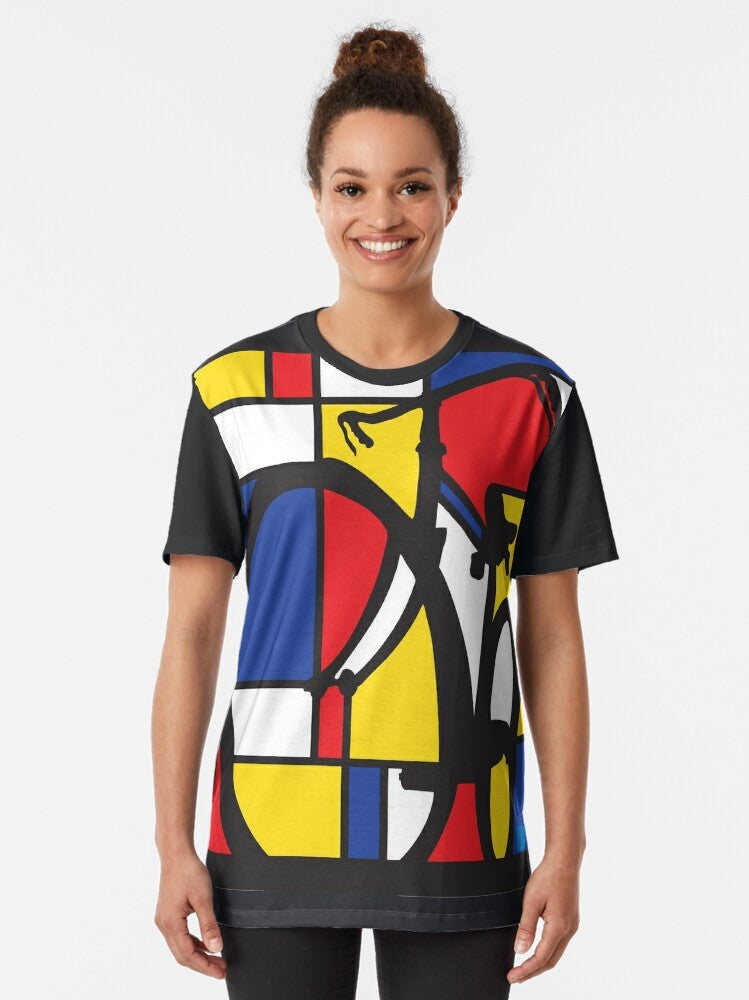 Mondrian inspired bicycle art graphic t-shirt featuring a vibrant, colorful design of a bicycle - Women