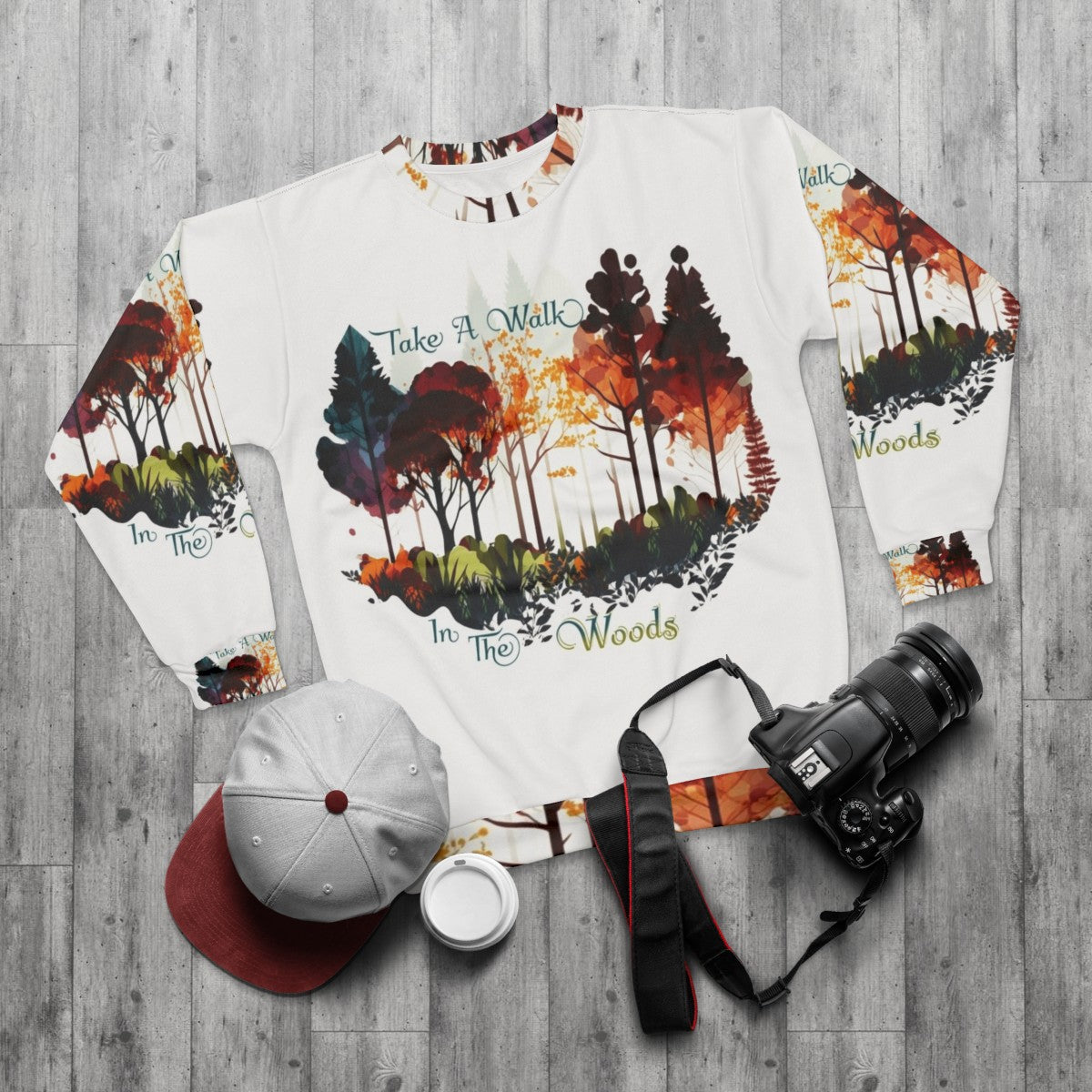 Take a Walk Through Nature Sweatshirt with Colorful Fall Foliage - flat lay