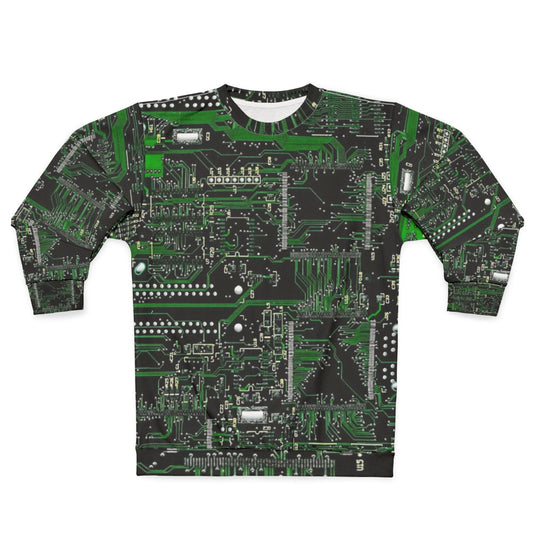 Green sweatshirt with circuit board design for technology enthusiasts