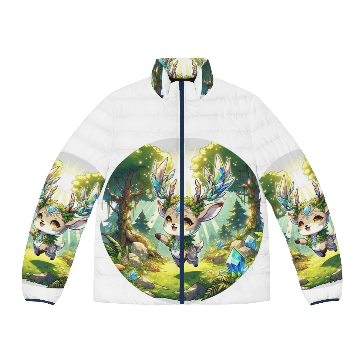 Whimsical deer puffer jacket with crystal forest design