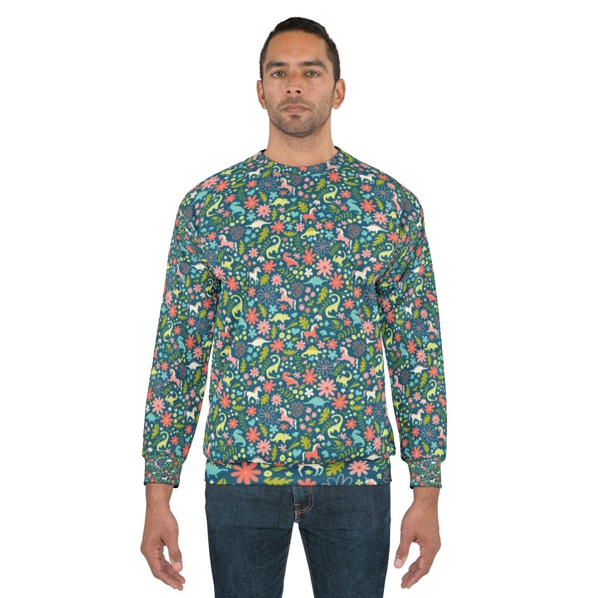 Magical dinosaur and unicorn sweatshirt with floral pattern - men