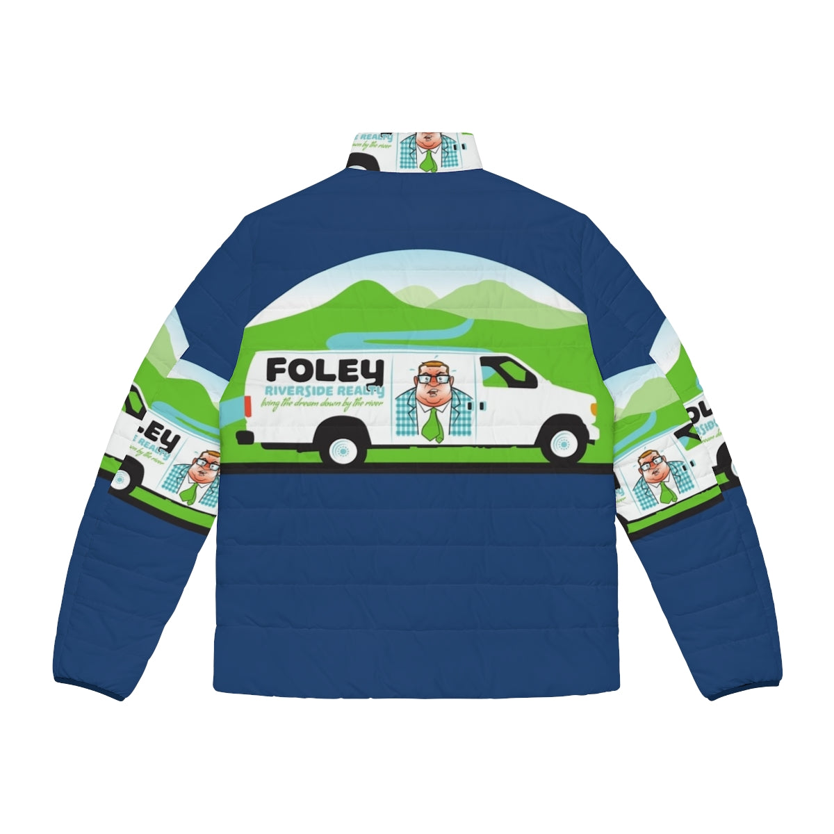 Puffer jacket with "Foley Riverside Realty" branding, inspired by Chris Farley's iconic "down by the river" character from Saturday Night Live - Back