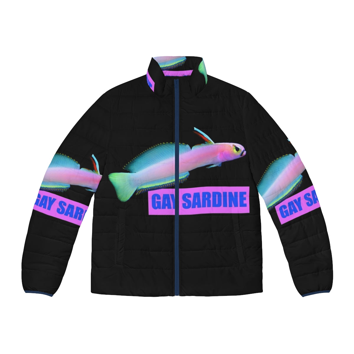 Colorful puffer jacket with a sardine graphic, representing LGBTQ+ pride and fashion