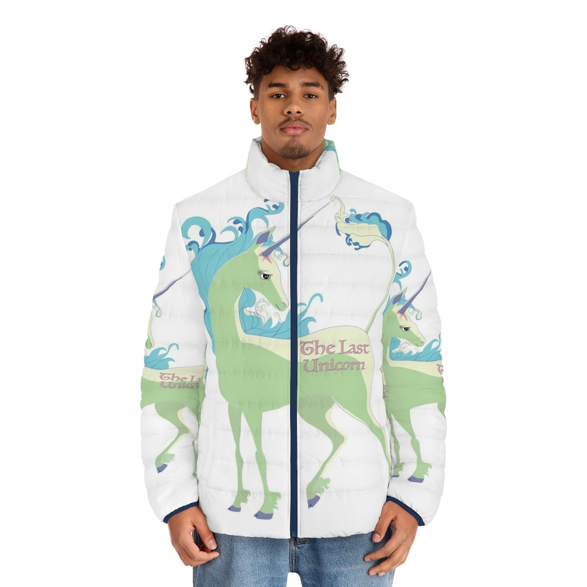 A green puffer jacket with a unicorn design, perfect for fantasy enthusiasts. - men front