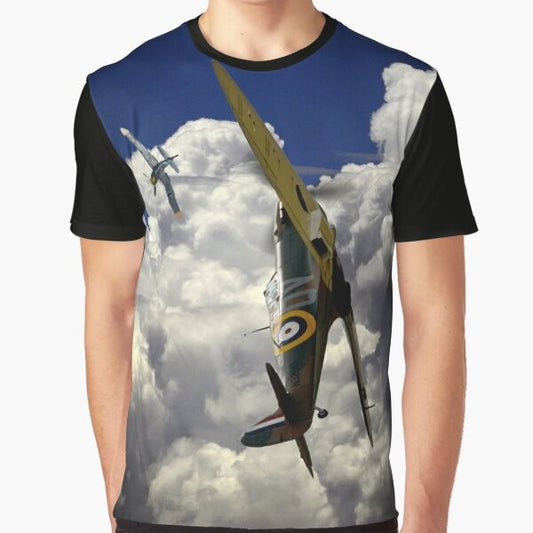 Spitfire fighter plane in Dunkirk dogfight during WWII, WWII aviation t-shirt design