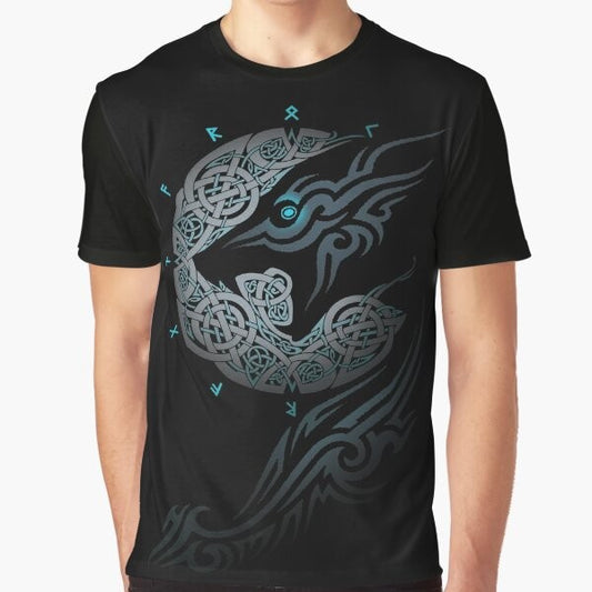 Ragnarok Moon Graphic T-Shirt featuring a mythical wolf, moon, and Celtic symbols from Nordic mythology