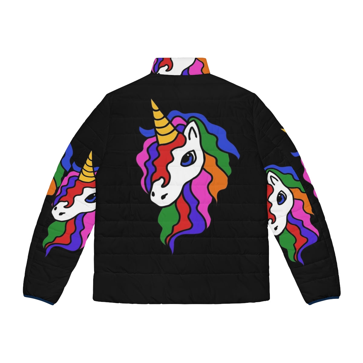 Colorful rainbow unicorn puffer jacket with a playful and whimsical design - Back