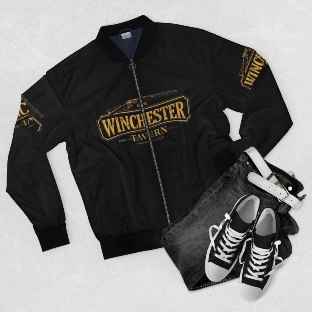 Shaun of the Dead Winchester Tavern Bomber Jacket with iconic movie imagery and branding - Flat lay