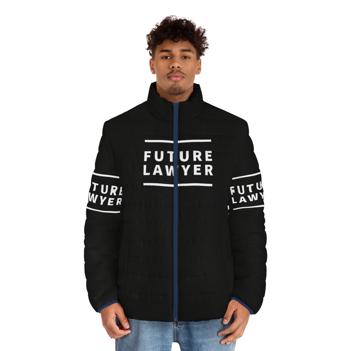 A stylish puffer jacket for future lawyers, featuring the text "Note The Future Lawyer" - men front