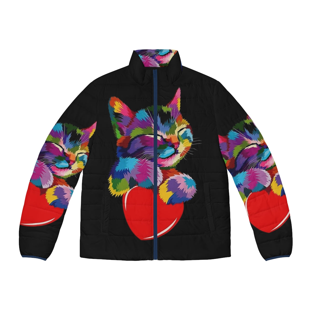 Colorful cat puffer jacket with a heart design