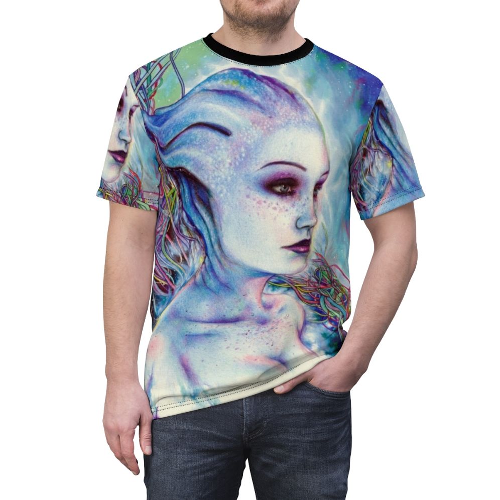 Mass Effect inspired Liara T'Soni t-shirt featuring a vibrant all-over print design - men front