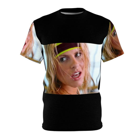 Woman wearing a vibrant t-shirt featuring the iconic "Call On Me" electronic dance music design