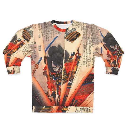 Kuniyoshi Samurai Print Sweatshirt featuring a woodblock inspired design