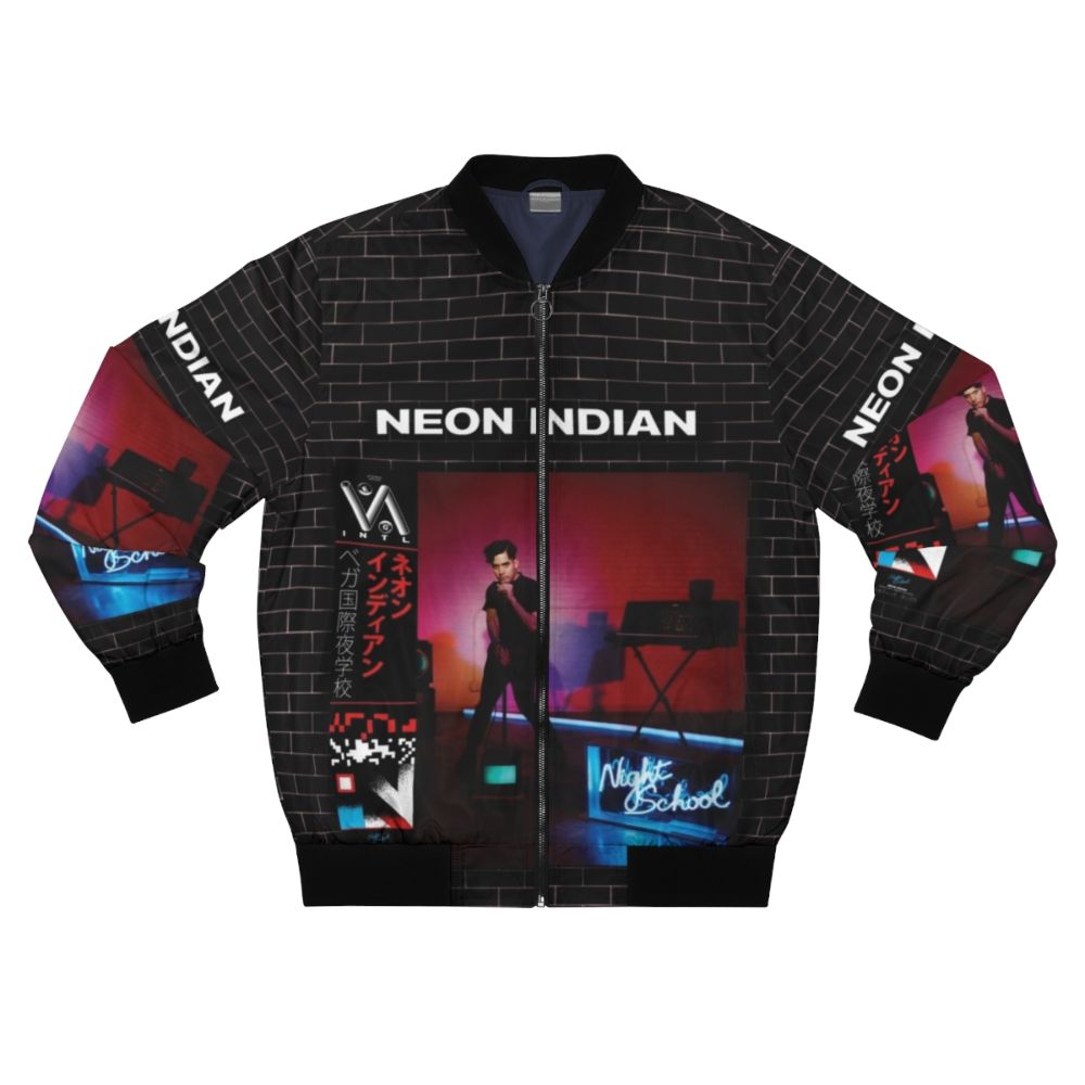 Neon Indian bomber jacket with retro electronic music and indie band graphics