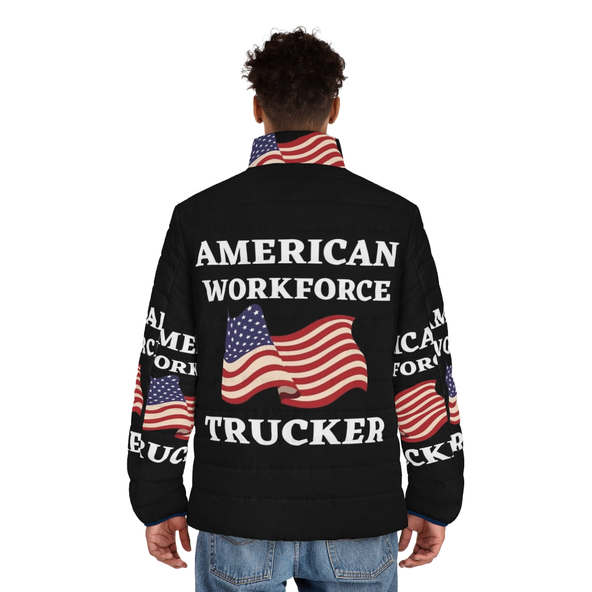 American workforce puffer jacket with USA flag design - men back