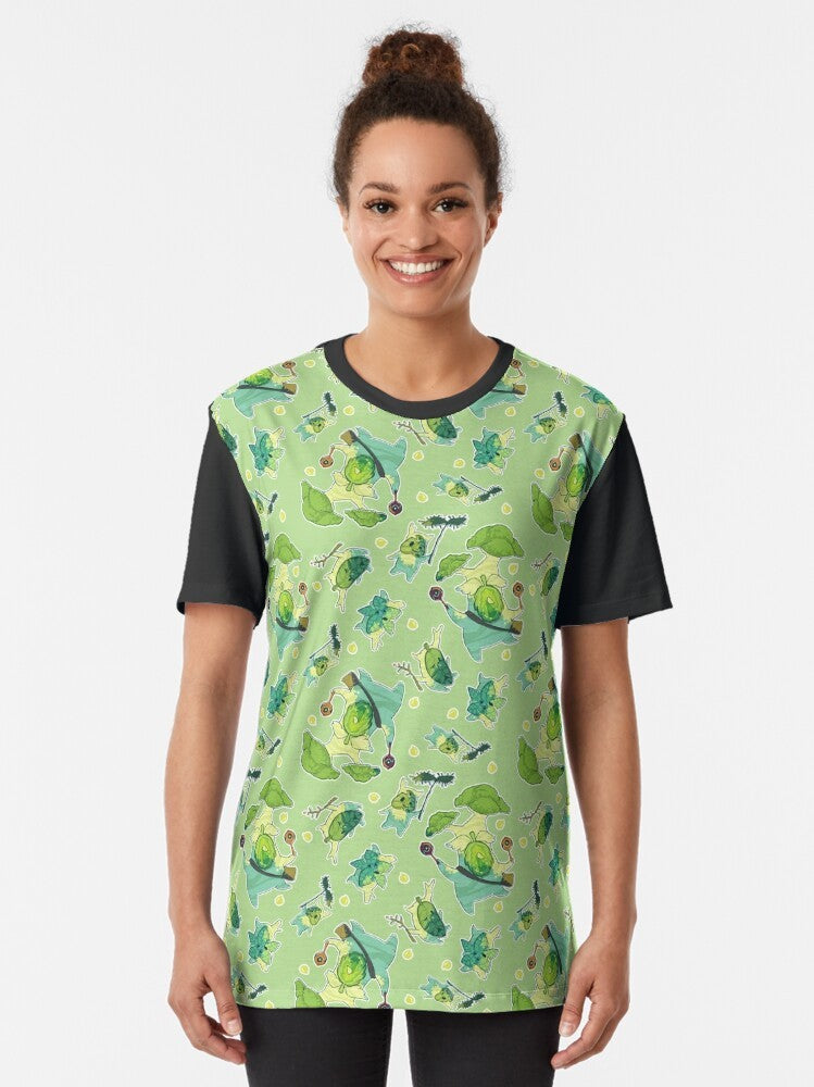 Korok pattern graphic t-shirt featuring a nature-inspired design from The Legend of Zelda: Breath of the Wild - Women