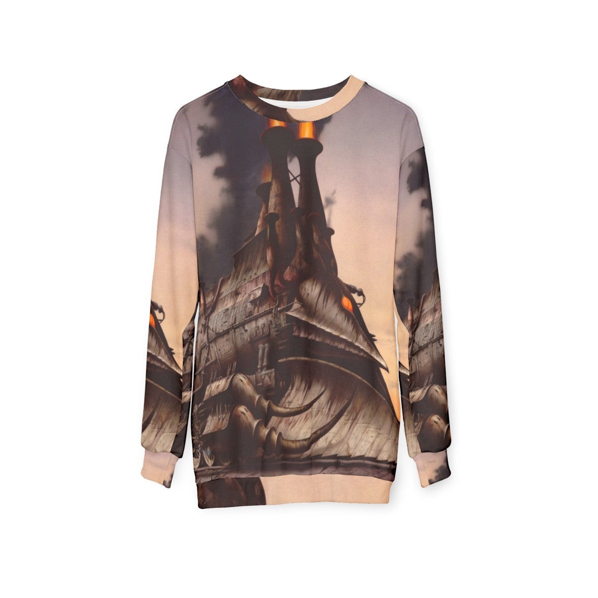 The Heavy Metal Hero Sweatshirt featuring fantasy art, locomotive, and steam punk design - hanging