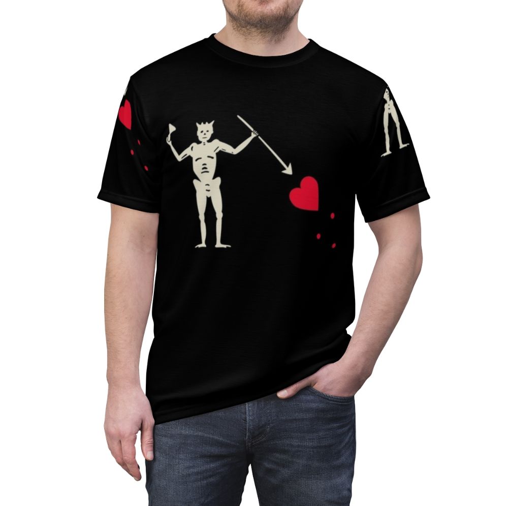 Stylized Blackbeard pirate t-shirt featuring the iconic skull and crossbones - men front