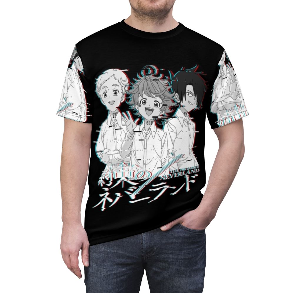 Neverland-inspired glitch design t-shirt featuring characters from the anime/manga series The Promised Neverland - men front