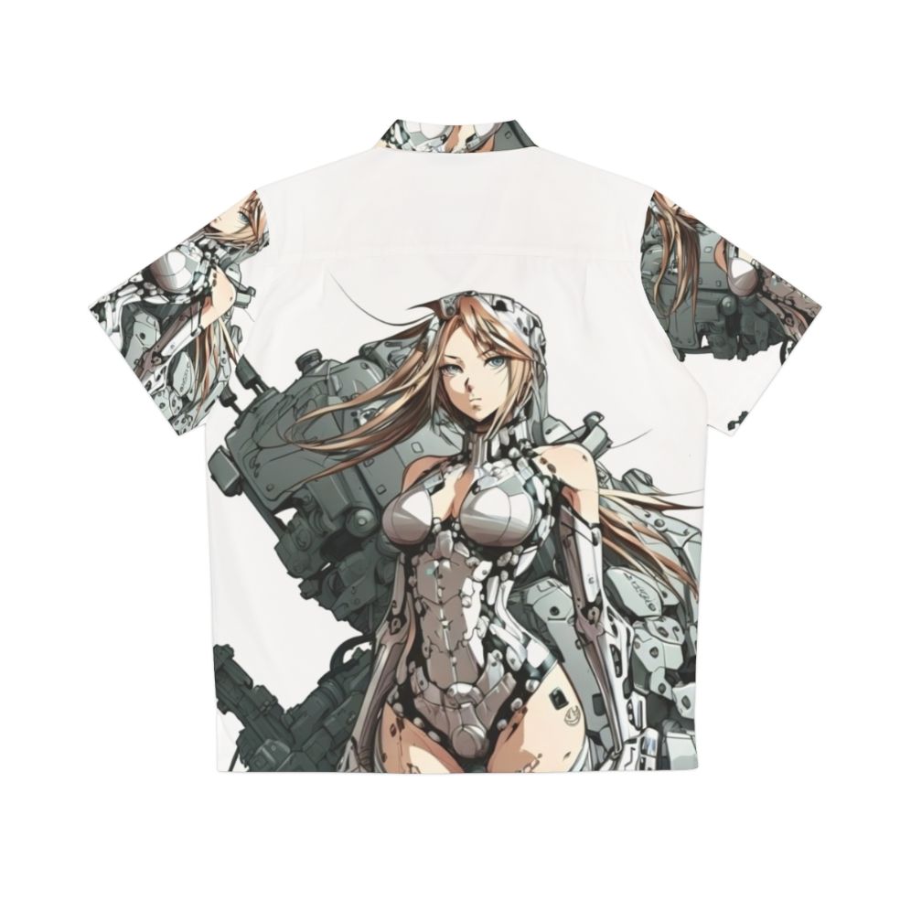 Armored anime girl wearing a gray and purple Hawaiian style shirt - Back