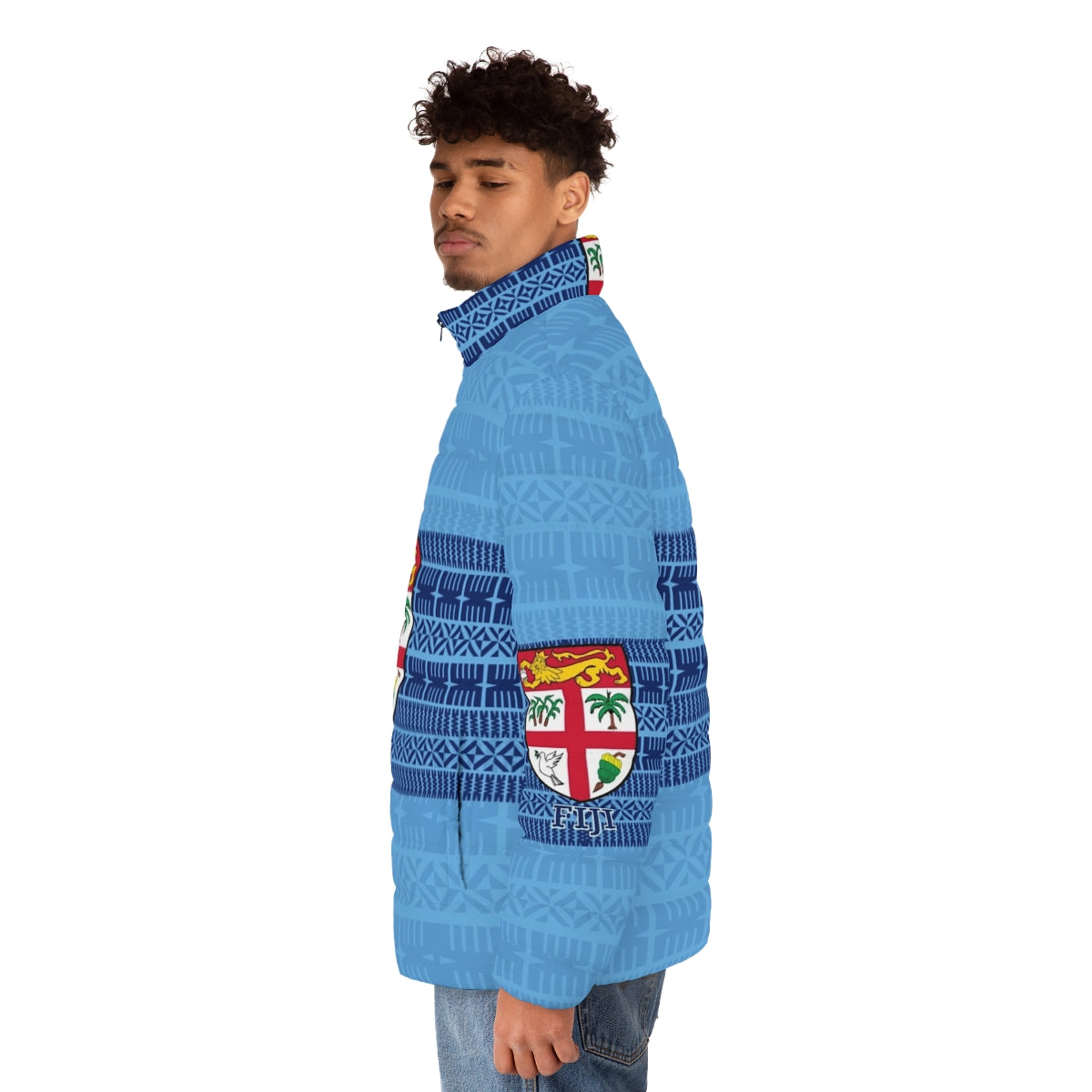 Blue puffer jacket featuring Fijian masi tapa design and Fiji flag - men side left