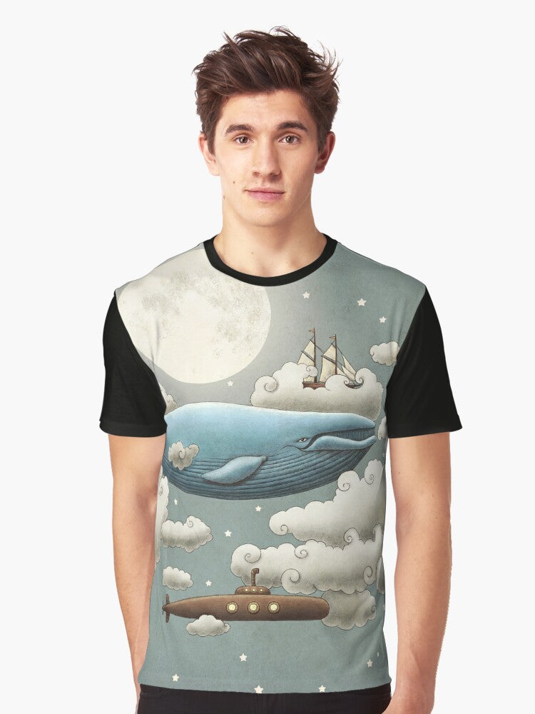 A whimsical graphic t-shirt design featuring an ocean scene with a blue whale, tall ships, and a starry sky. - Men