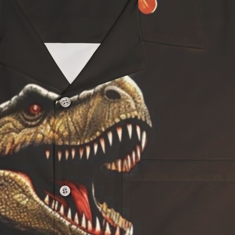 Dinosaur playing guitar graphic on a colorful Hawaiian-style shirt - Detail