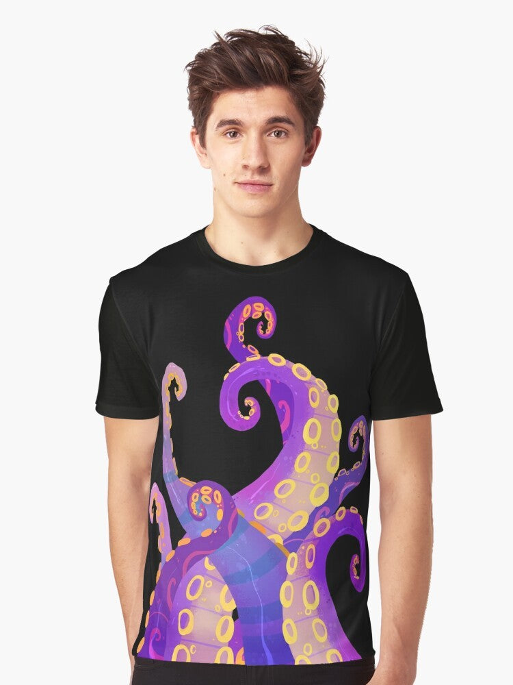 Stylish tentacles graphic t-shirt featuring an octopus or squid design in purple tones - Men