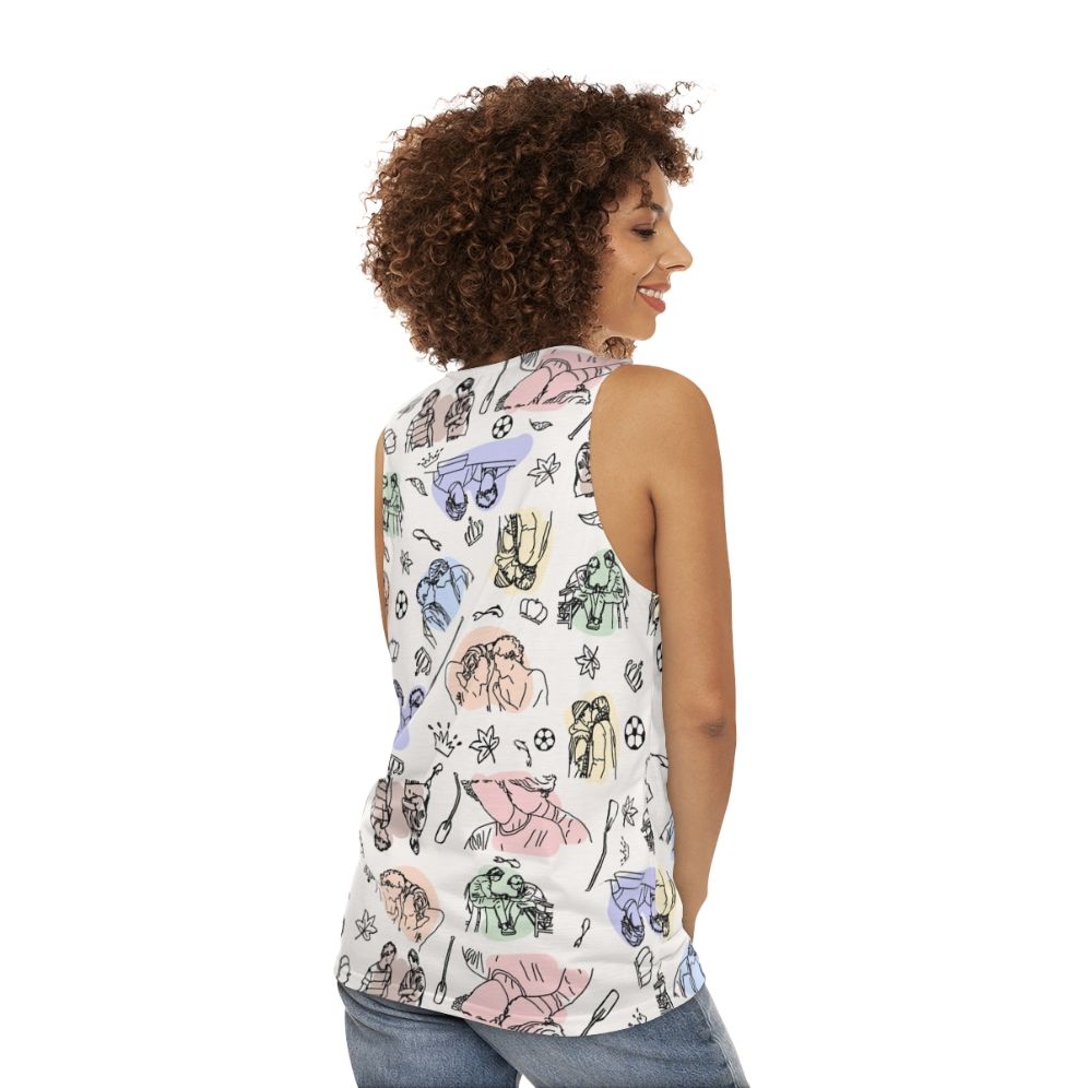 Minimal line art tank top design featuring characters from the Netflix series "Young Royals" - women back