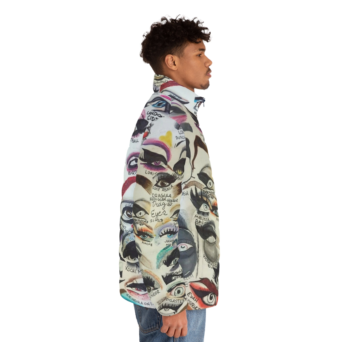 Dragula Eyes Puffer Jacket featuring iconic RuPaul's Drag Race queens - men side right