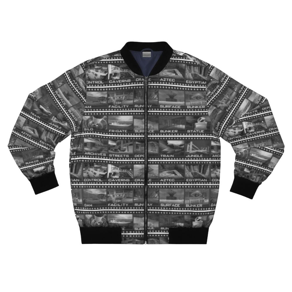 Retro gaming-inspired bomber jacket featuring a bold design with references to classic Nintendo, James Bond, and other gaming icons.