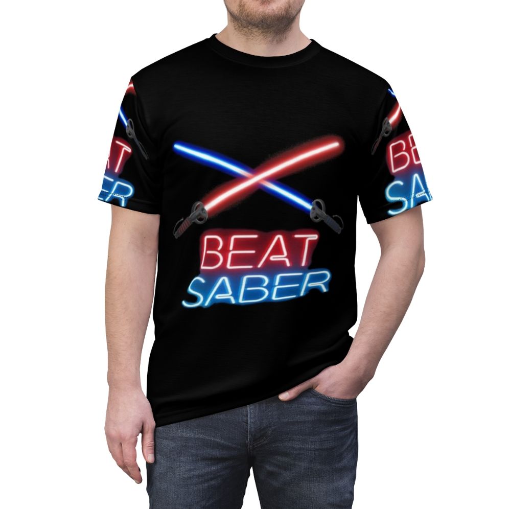 Vibrant Beat Saber-inspired T-Shirt featuring colorful blocks and sabers - men front