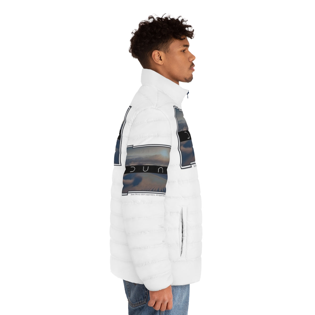 Dune-inspired puffer jacket with a white background - men side right