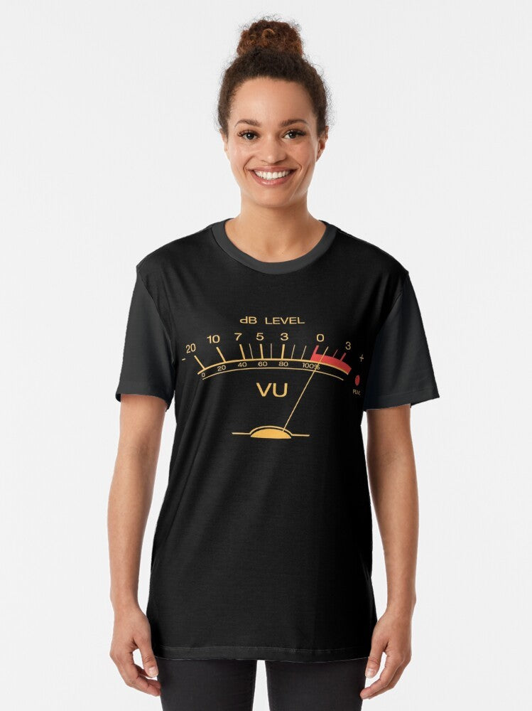 Vintage-style graphic t-shirt featuring a volume VU meter and text "Audio Engineer Recording Studio Gear Head Musician Guitar" - Women